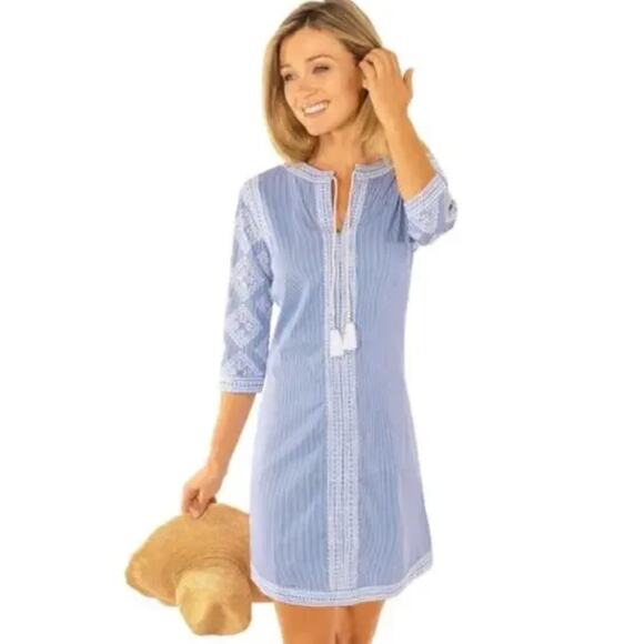 Gretchen Scott Blue/White Seersucker Odessa Tassel Tunic Shift Dress Size Small - Picture 1 of 13